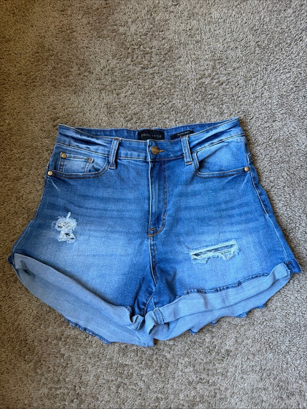 Kendall & Kylie Medium Blue Distressed Roll-Cuff Denim Shorts